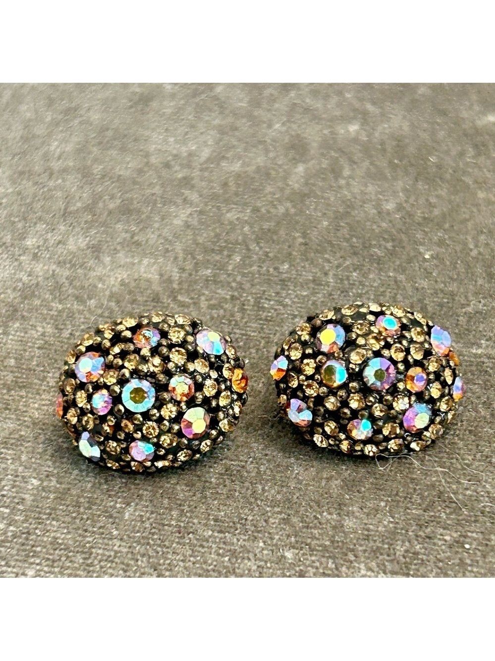 Vintage Amber Aurora borealis AB crystal rhinestone oval clip on earrings